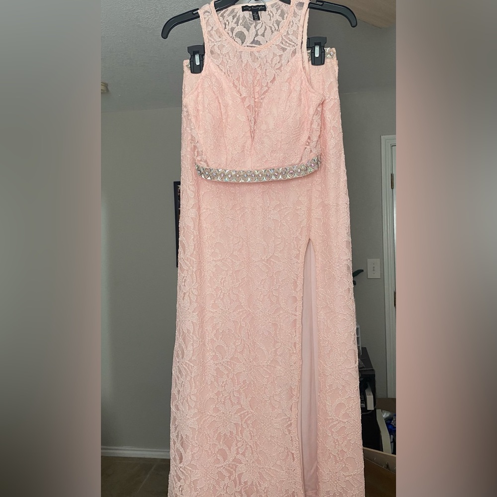 Pink Lace Two Piece Long Dress